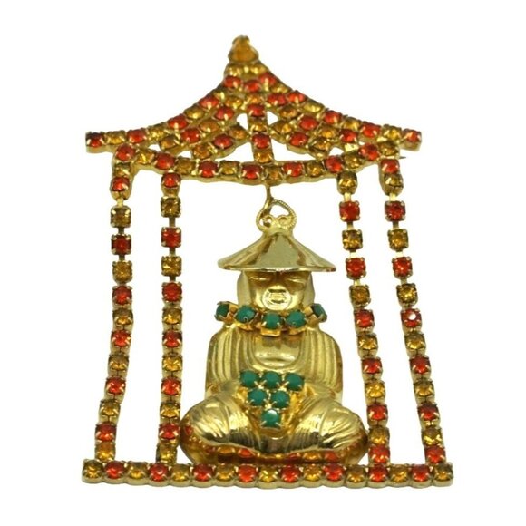 Vintage Rhinestone Brooch Asian Pagoda Articulating Designer Jewelry Pin Pendant - Picture 2 of 10